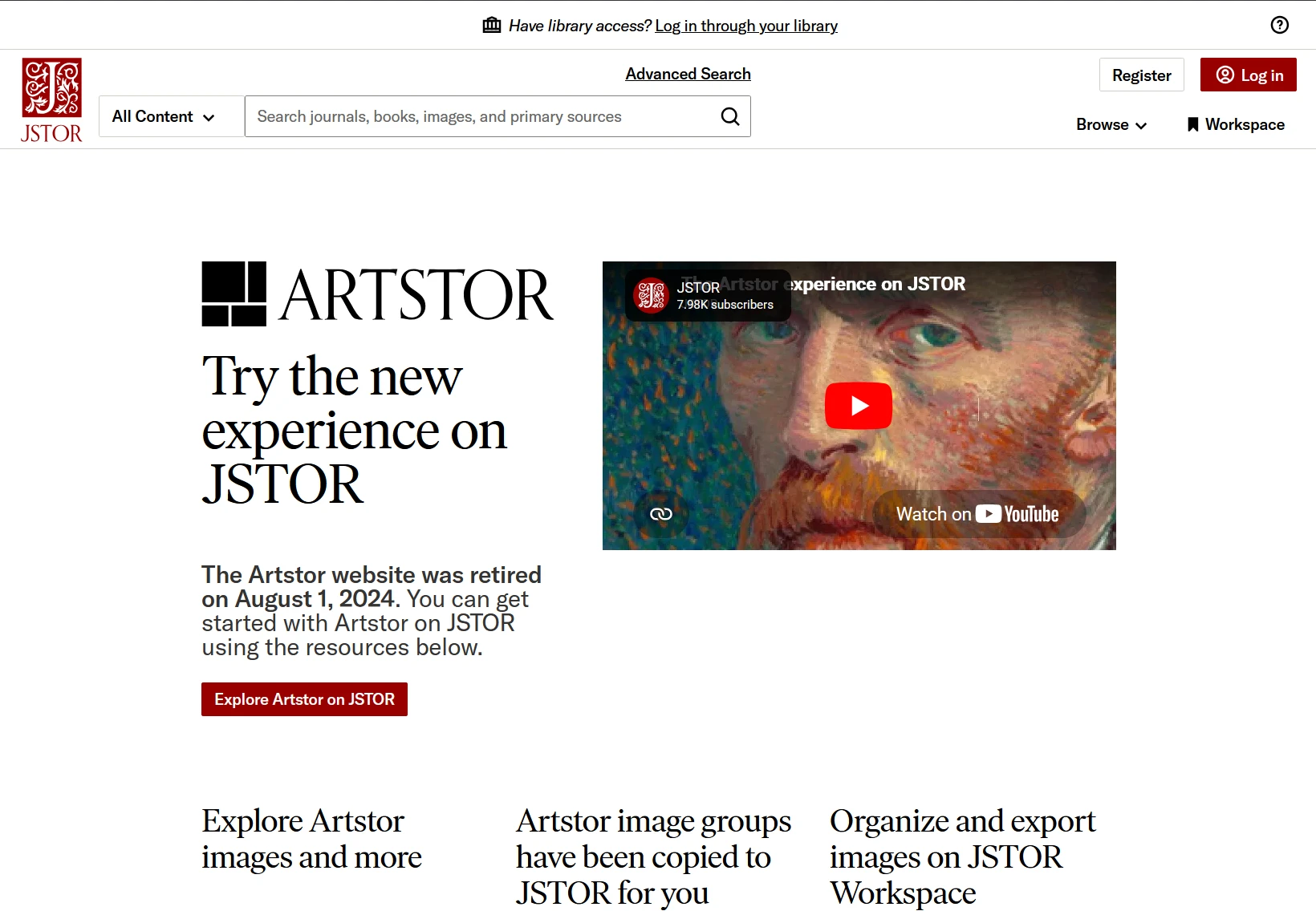 JSTOR homepage announcing the Artstor integration