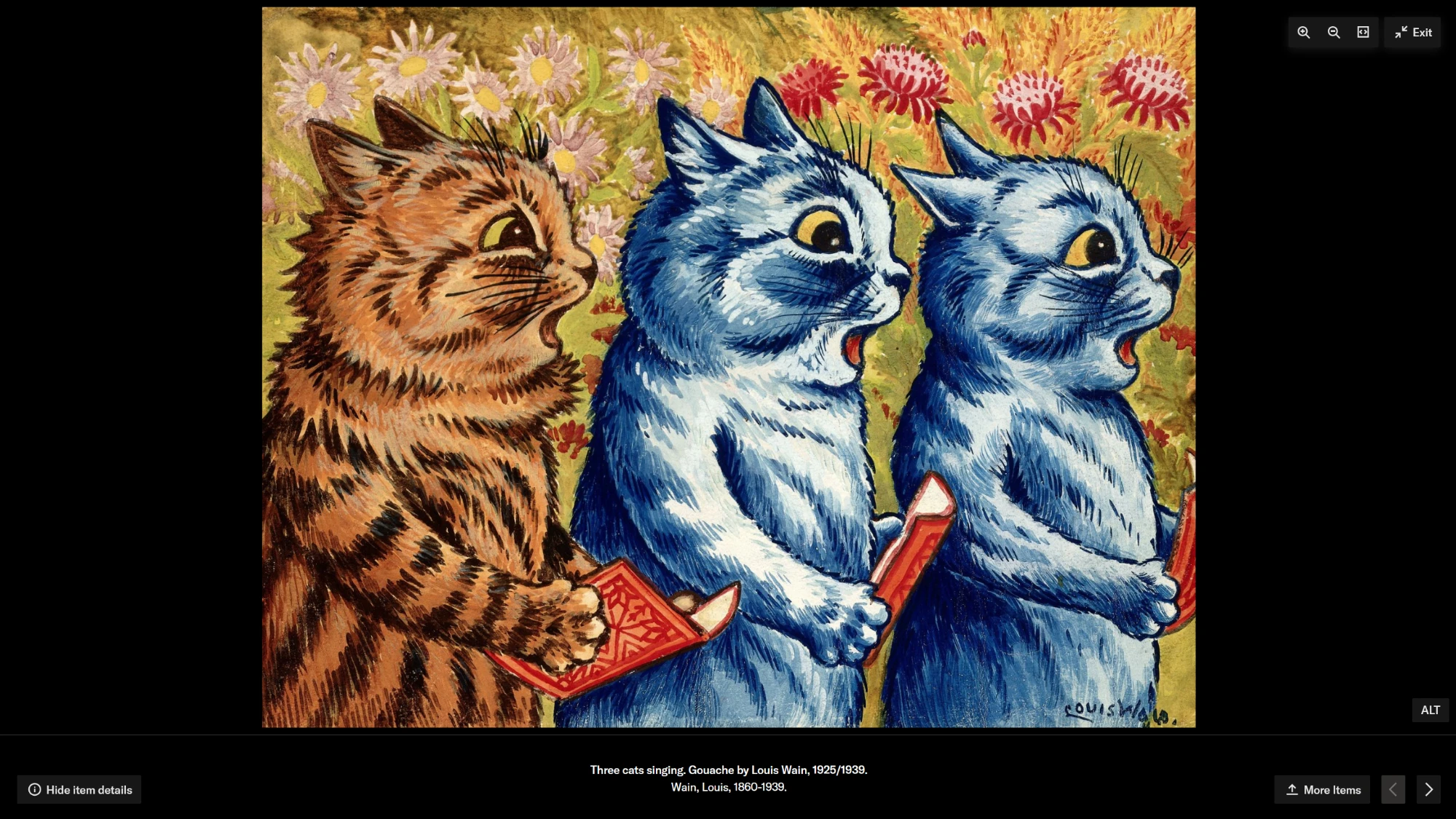 JSTOR full-screen image viewer showing a Louis Wain painting