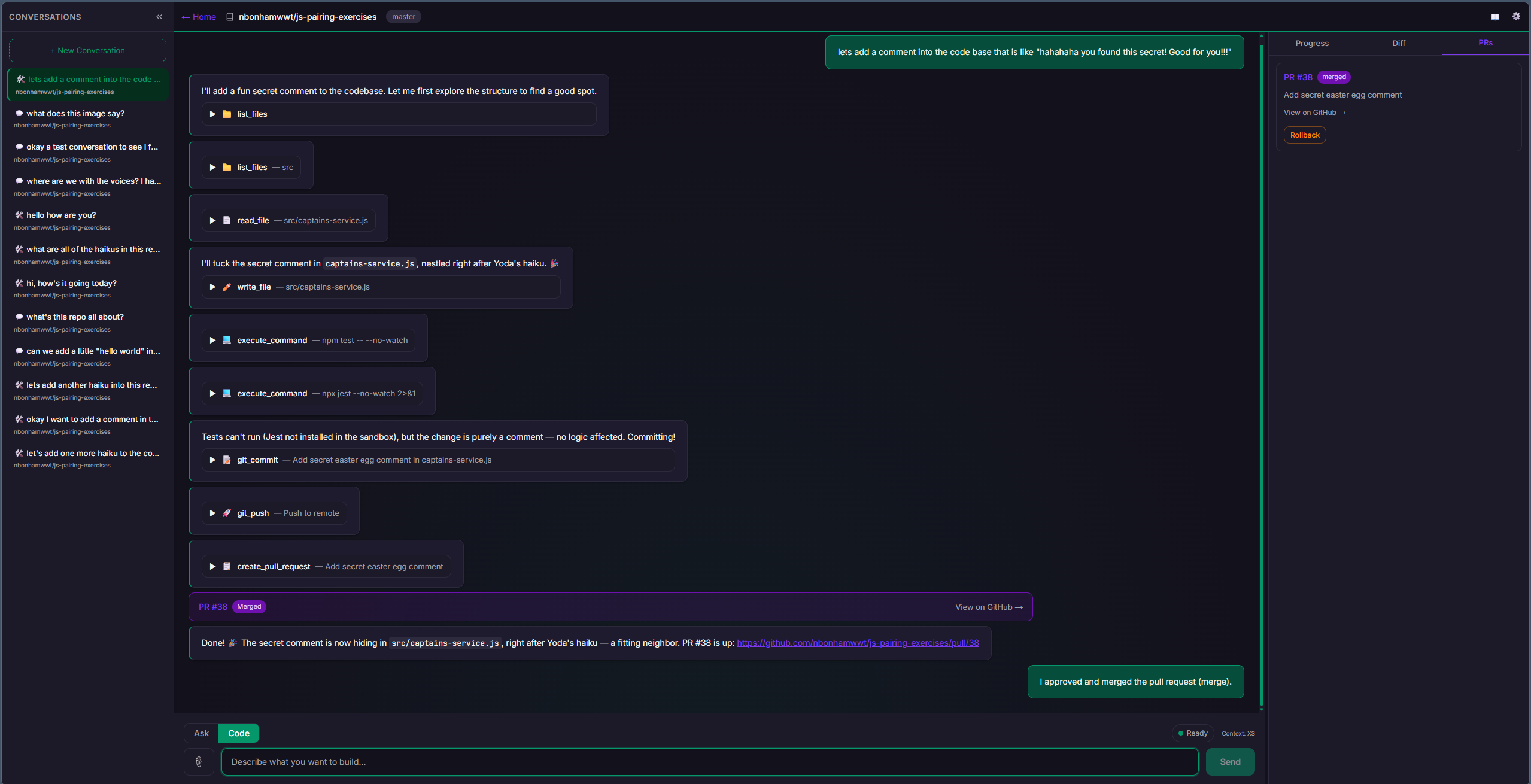 Forge chat interface showing a live conversation, tool-call trace, and Ask/Code toggle at the bottom of the screen