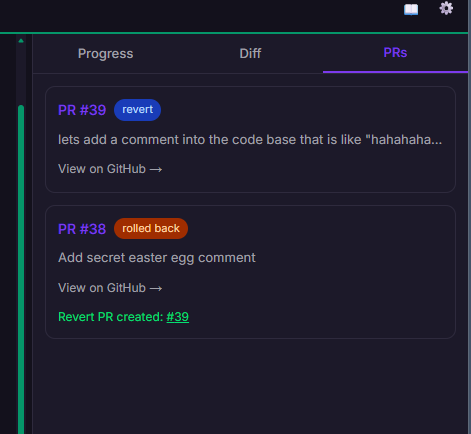 Forge PR panel showing PR history with revert and rolled-back status badges and View on GitHub links