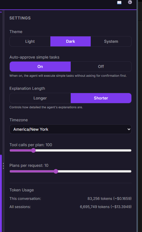 Forge settings panel with auto-approve toggle, explanation length, tool calls per plan slider, and live token usage counter