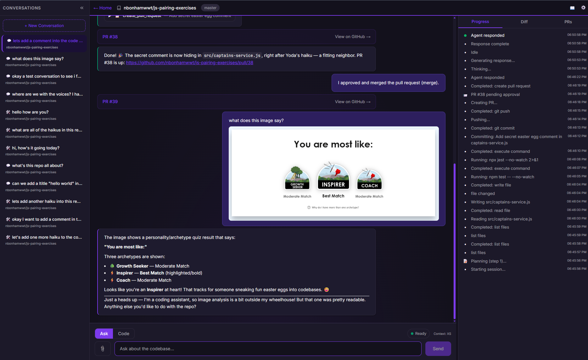 Forge chat showing an image analysis interaction: the agent identifies a personality quiz result and narrates its reasoning