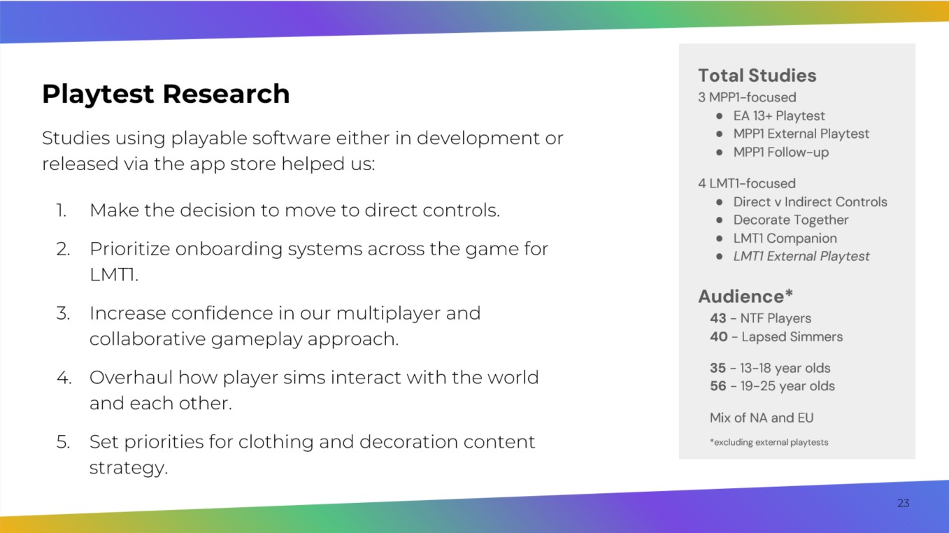 Playtest research summary slide, including the direct controls decision