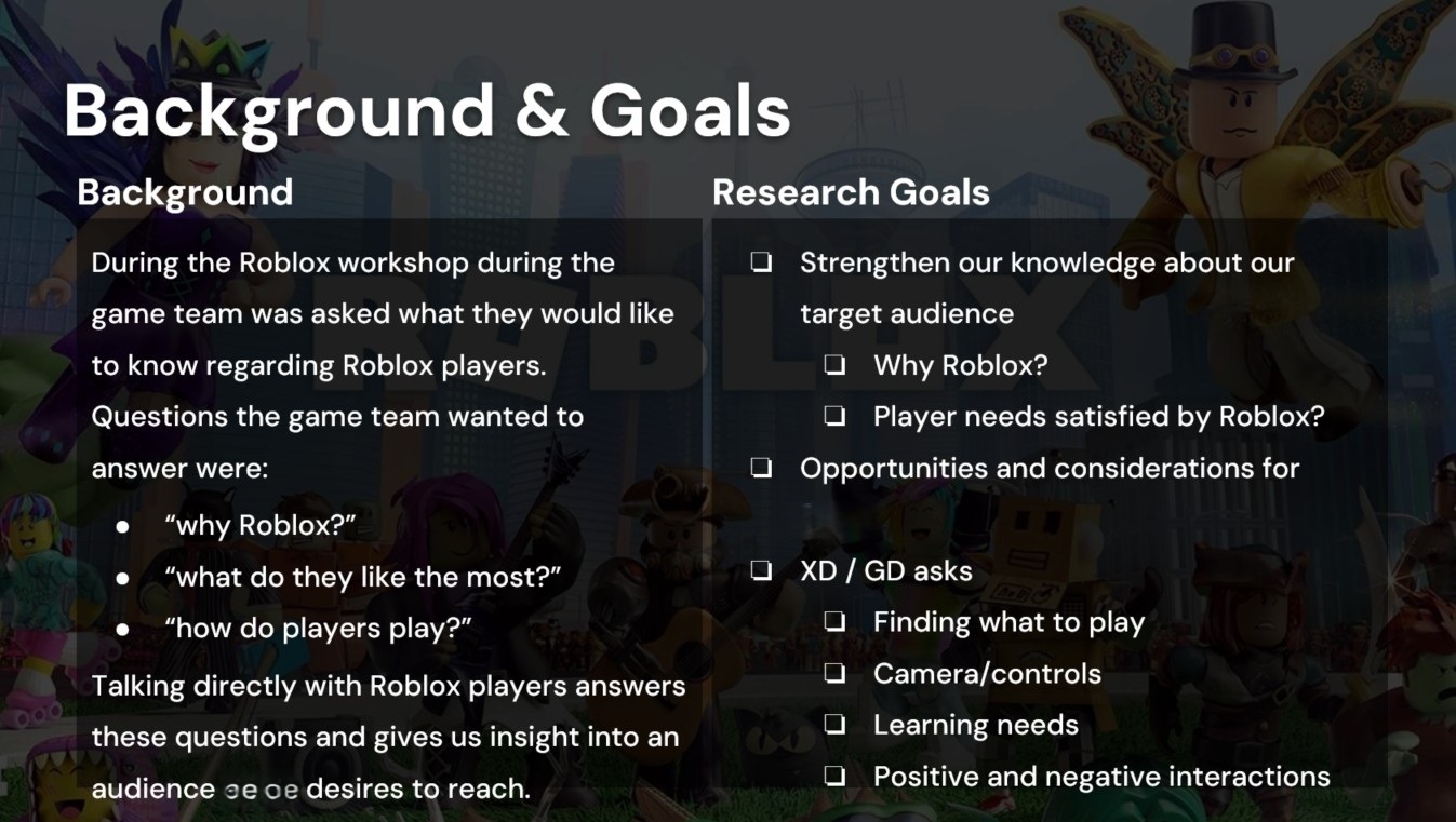 Background and goals slide from the Roblox ride-along study