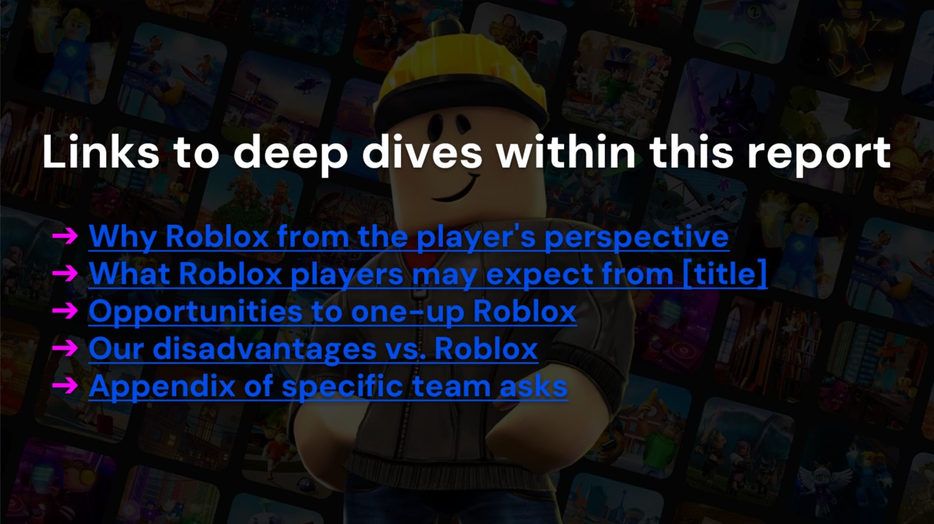 Links to deep dives within the Roblox ride-along report
