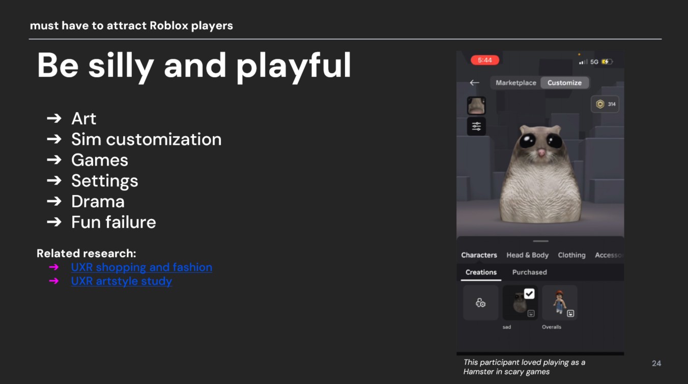 Participant playing as a hamster character in Roblox