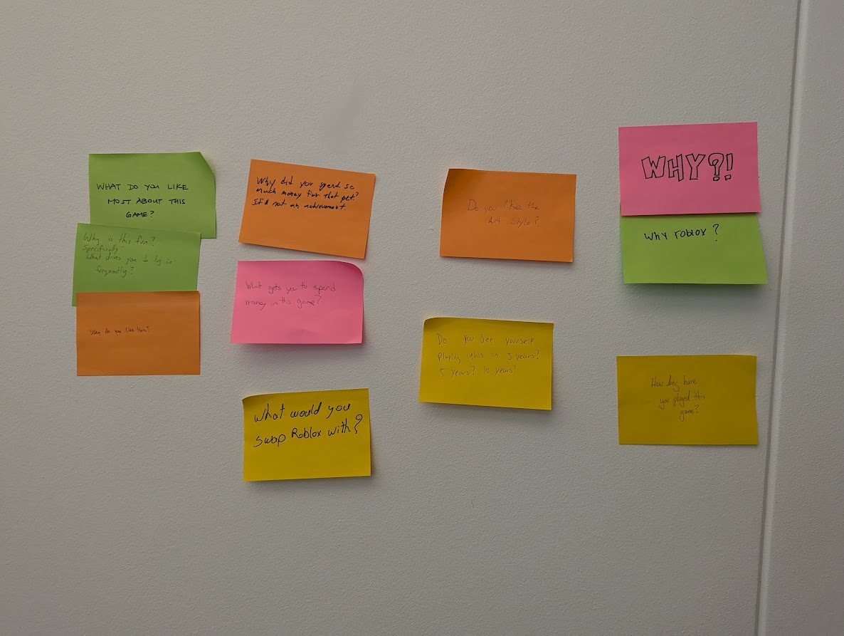 Sticky notes from the developer workshop showing reactions to Roblox, including a large WHY?! note
