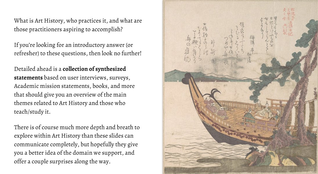 A slide from 'The Story of Art History,' an internal narrative deck Nate built to orient ITHAKA staff to who Art History practitioners are and what they're trying to accomplish, paired with a classical Japanese boating scene illustration.