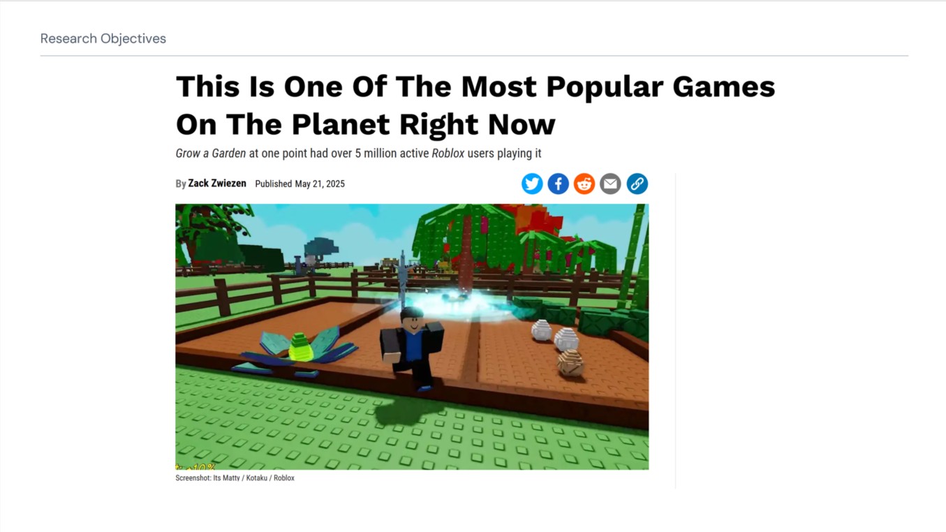 News article on Grow a Garden's popularity on Roblox