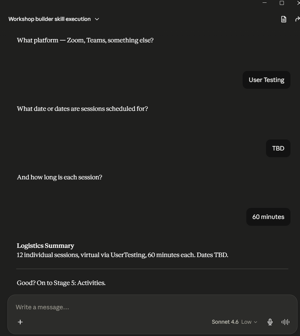 Logistics stage of the Workshop Builder: Claude asking about platform, session dates, and duration, with a logistics summary generated at the end