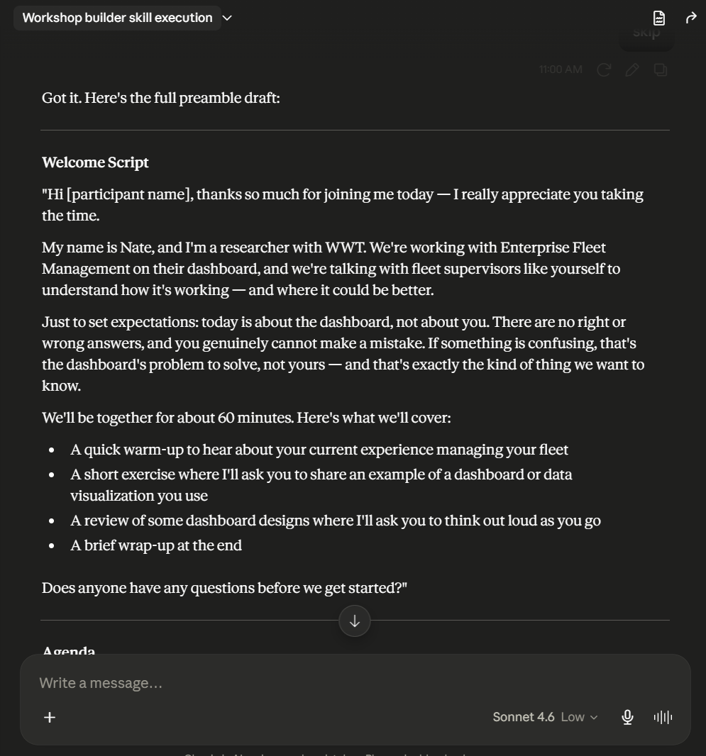 Generated facilitator welcome script, a full opening script tailored to the session context, ready to use or edit