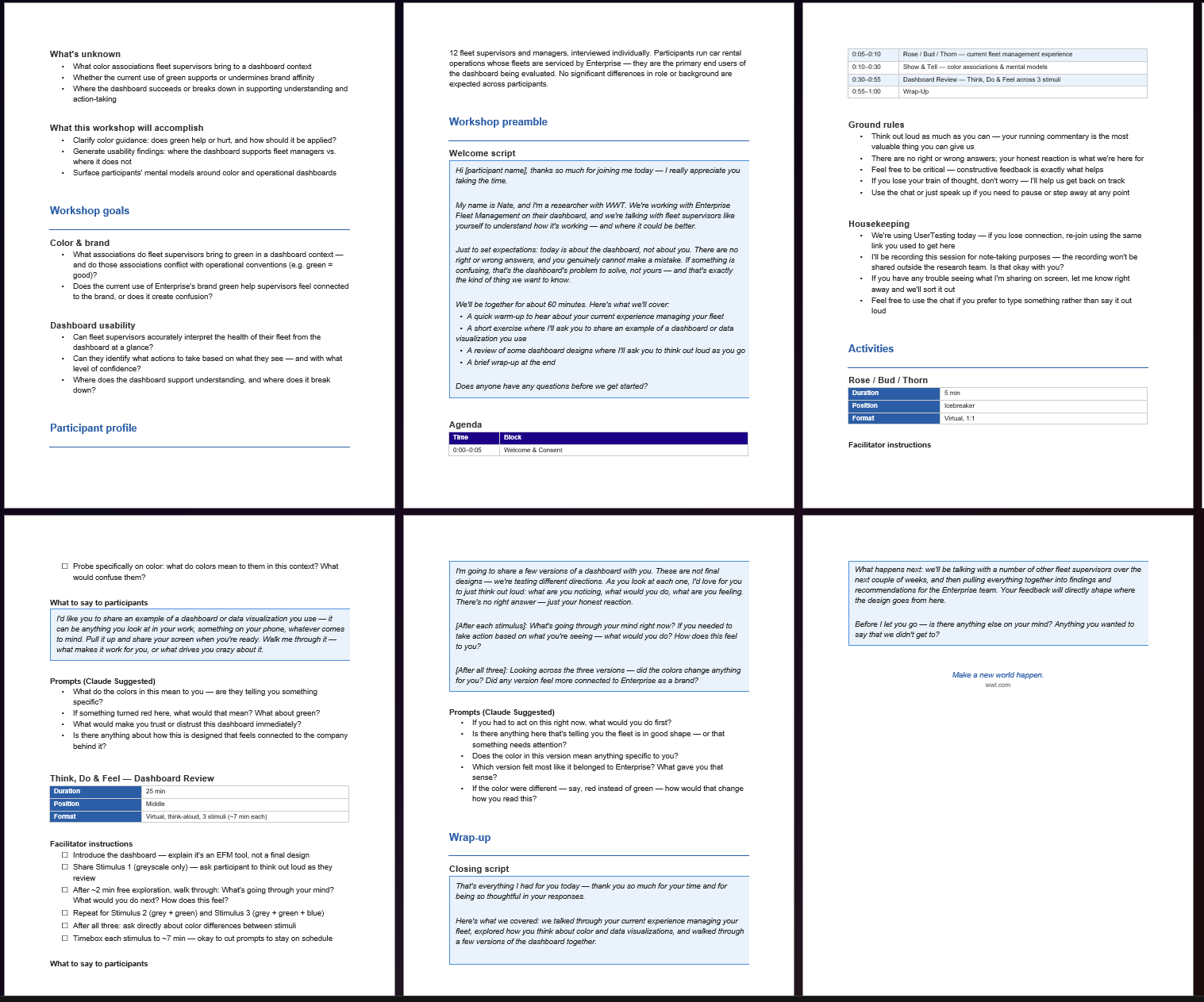 Full workshop brief output: a multi-section document covering goals, questions, participant profile, agenda, and facilitator notes